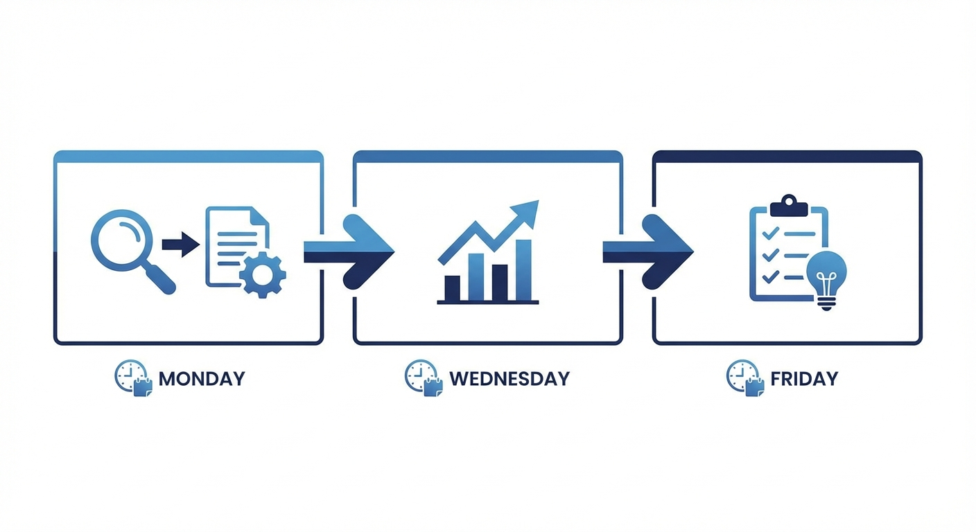 Weekly B2B ad monitoring workflow diagram