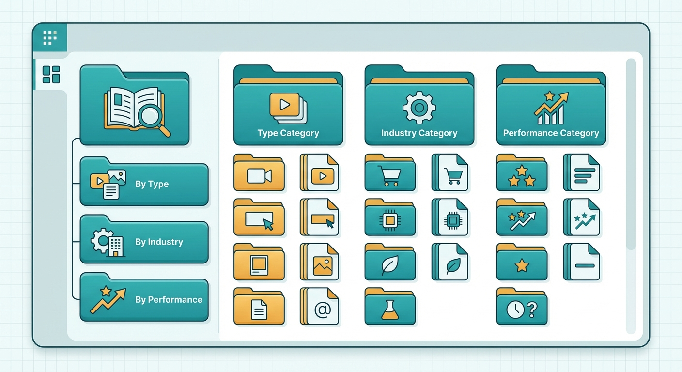 Systematic swipe file organization with categorized ad creatives by type and industry