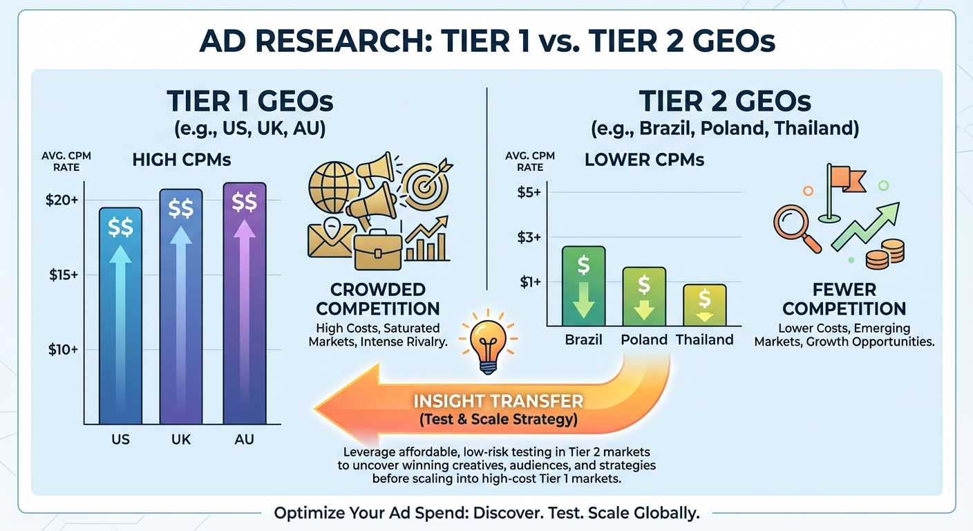 Infographic showing the advantage of researching Tier 2 GEOs for cheaper CPMs and untapped creative angles