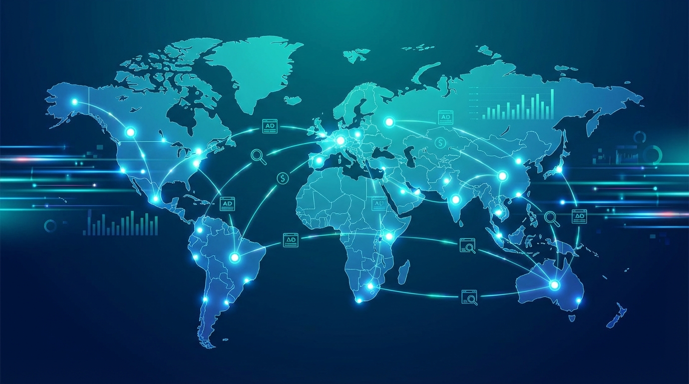 World map with highlighted regions showing Facebook ad competitor research across different countries