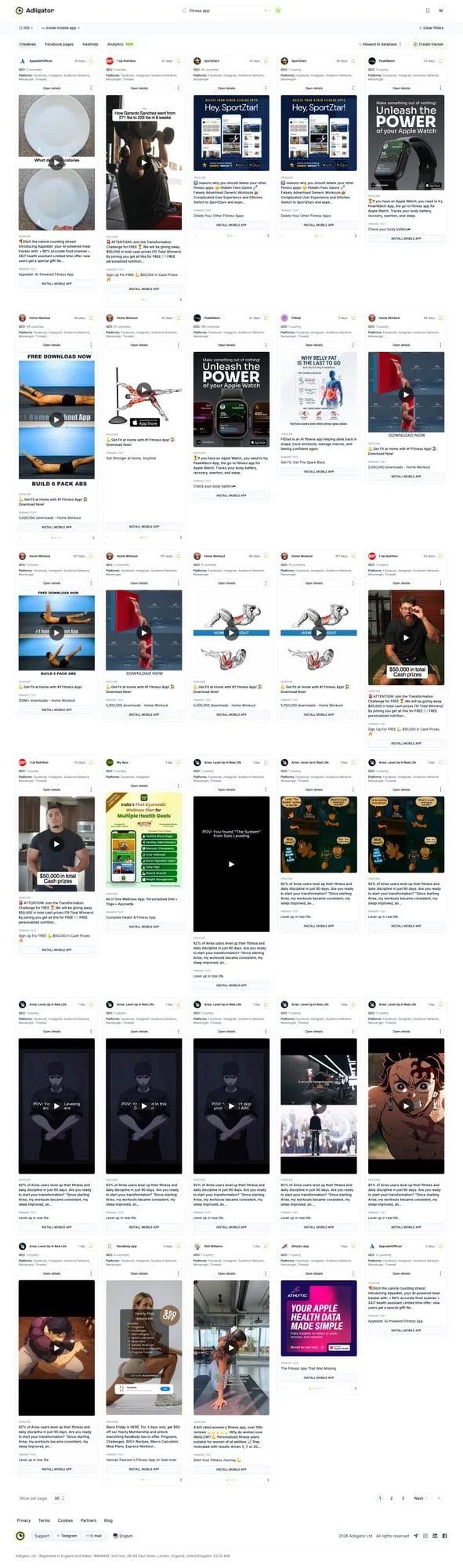 Adligator search interface with OS filter set to iOS showing mobile app install ads from competitors