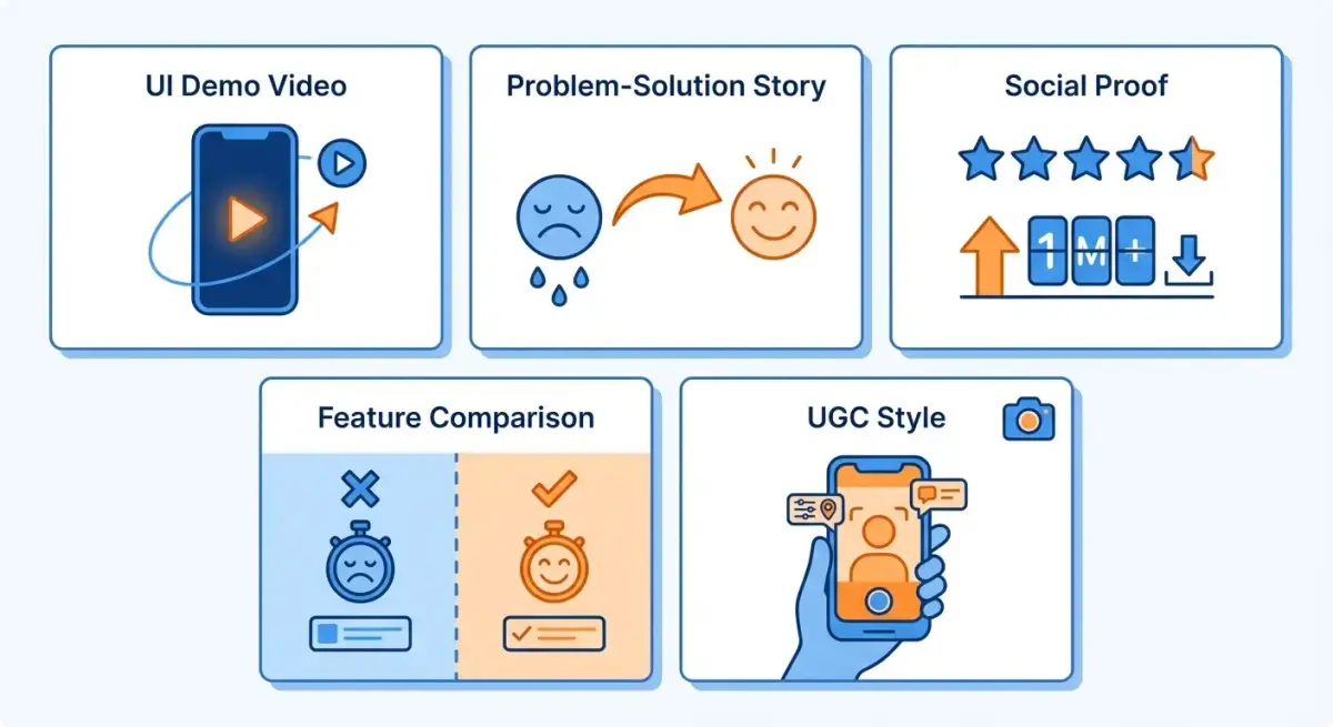 Common creative patterns in winning mobile app install ads including video demos, UI screenshots, and social proof formats
