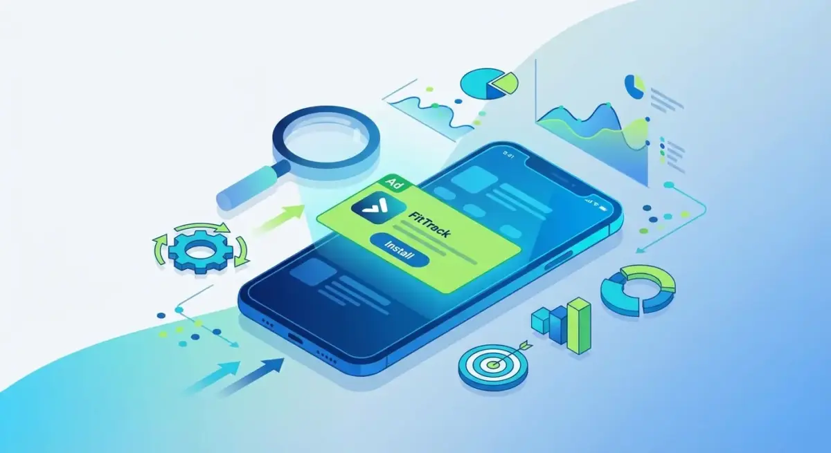 Illustration of mobile app advertising intelligence showing smartphone with app install ads and competitive analysis elements