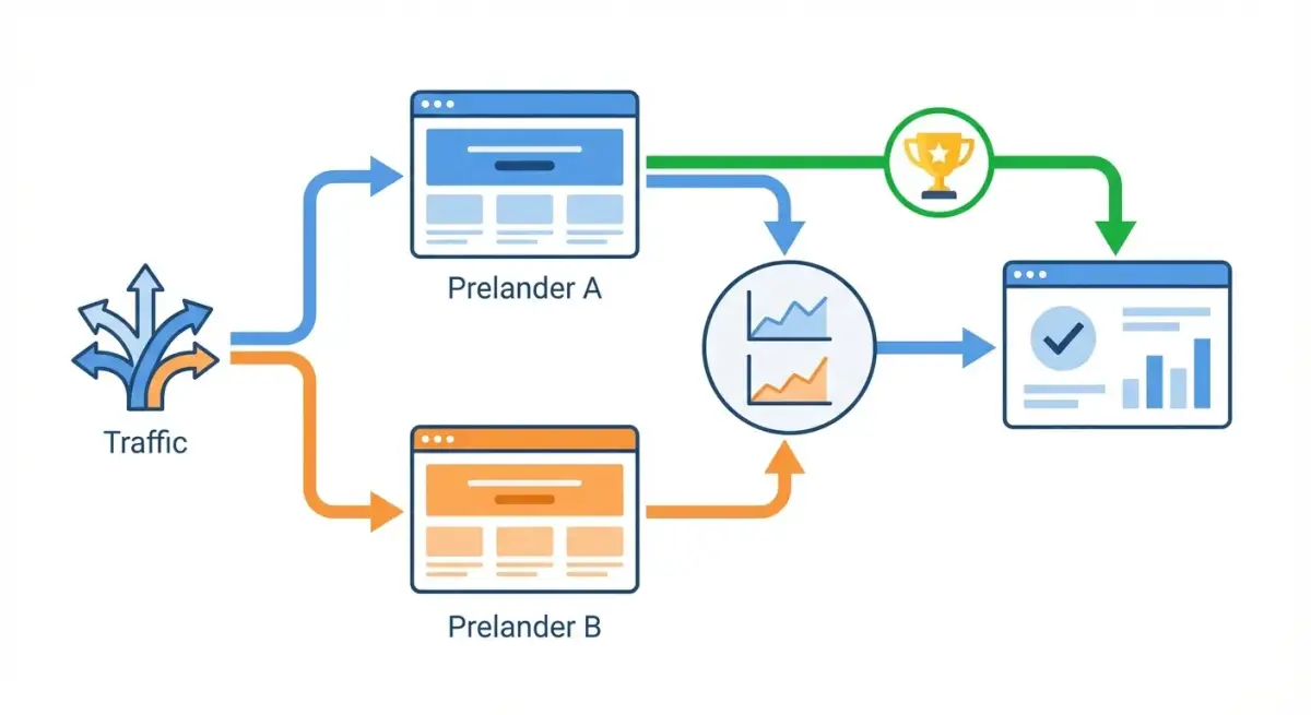 A/B testing workflow for prelanders showing two variants, traffic split, metric comparison, and winner selection