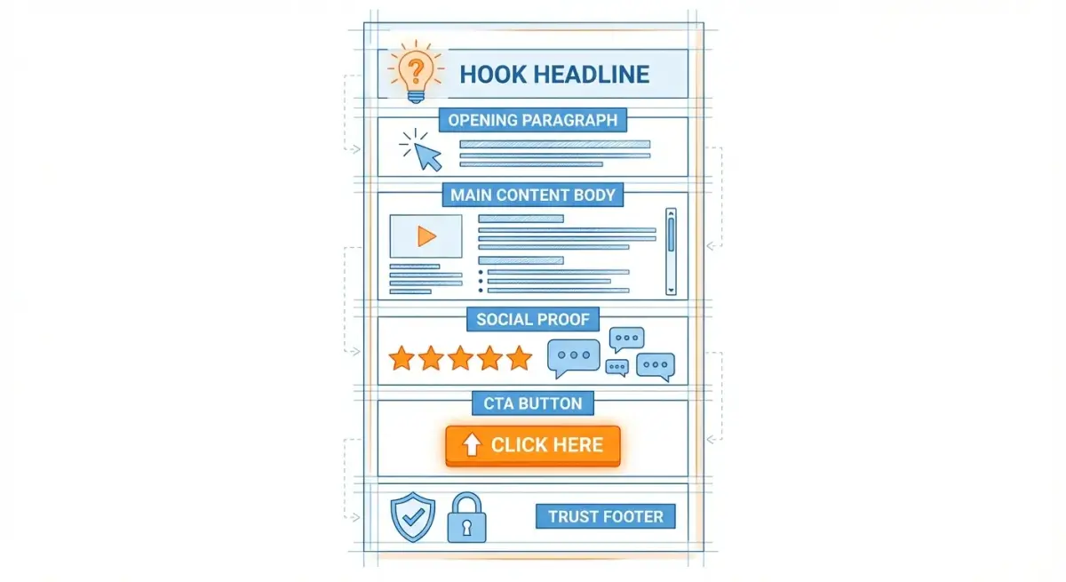 Anatomy of a converting prelander showing six key sections: hook headline, opening paragraph, main content, social proof, CTA block, and trust footer