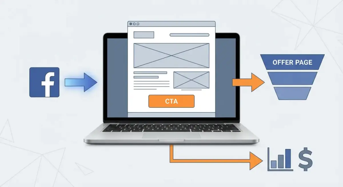 Illustration of a high-converting prelander funnel for Facebook Ads showing the path from ad click to conversion