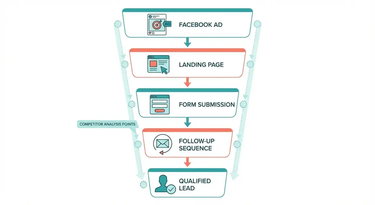 Lead generation funnel diagram showing the flow from Facebook ad to lead form to follow-up sequence with competitor analysis overlay
