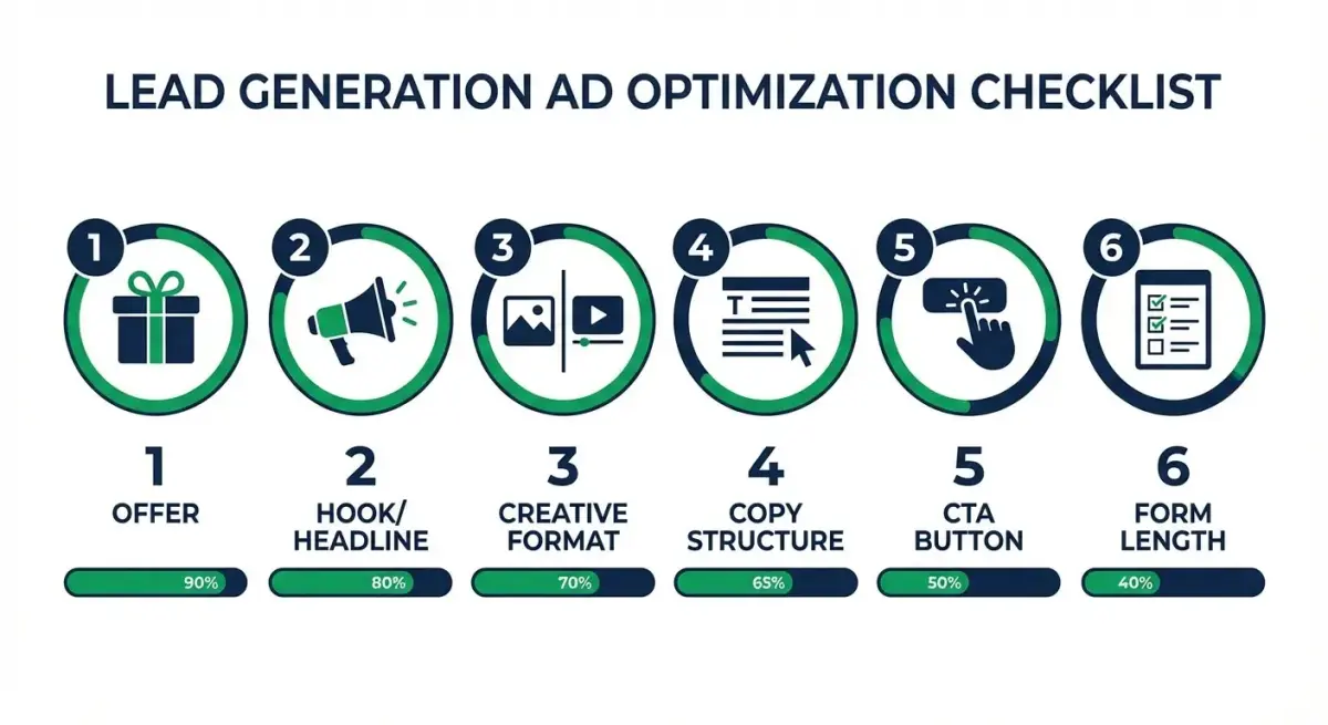 Optimization checklist for lead generation ads showing creative, copy, offer, form, and follow-up elements to test based on competitor research