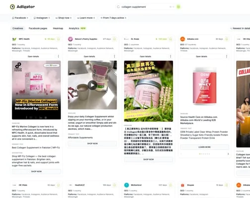 Grid of nutra ad creatives found in Adligator showing supplement products with days active, geo count, and CTA button data