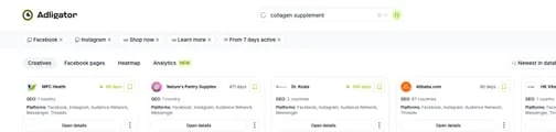 Adligator search interface with nutra-specific filters applied: keyword skincare, Learn More CTA, 14+ days active, showing supplement ad results