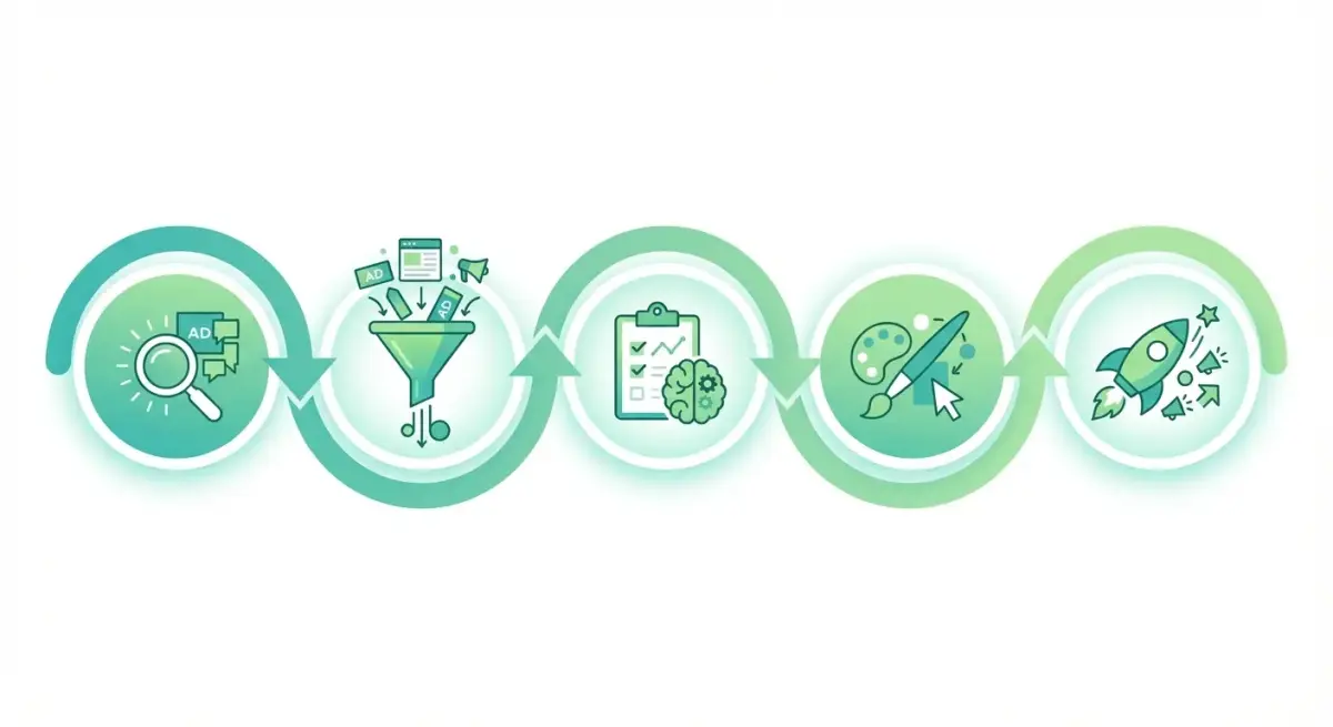 Five-step workflow diagram for nutra affiliate ad research: discover, filter, analyze, adapt, and scale