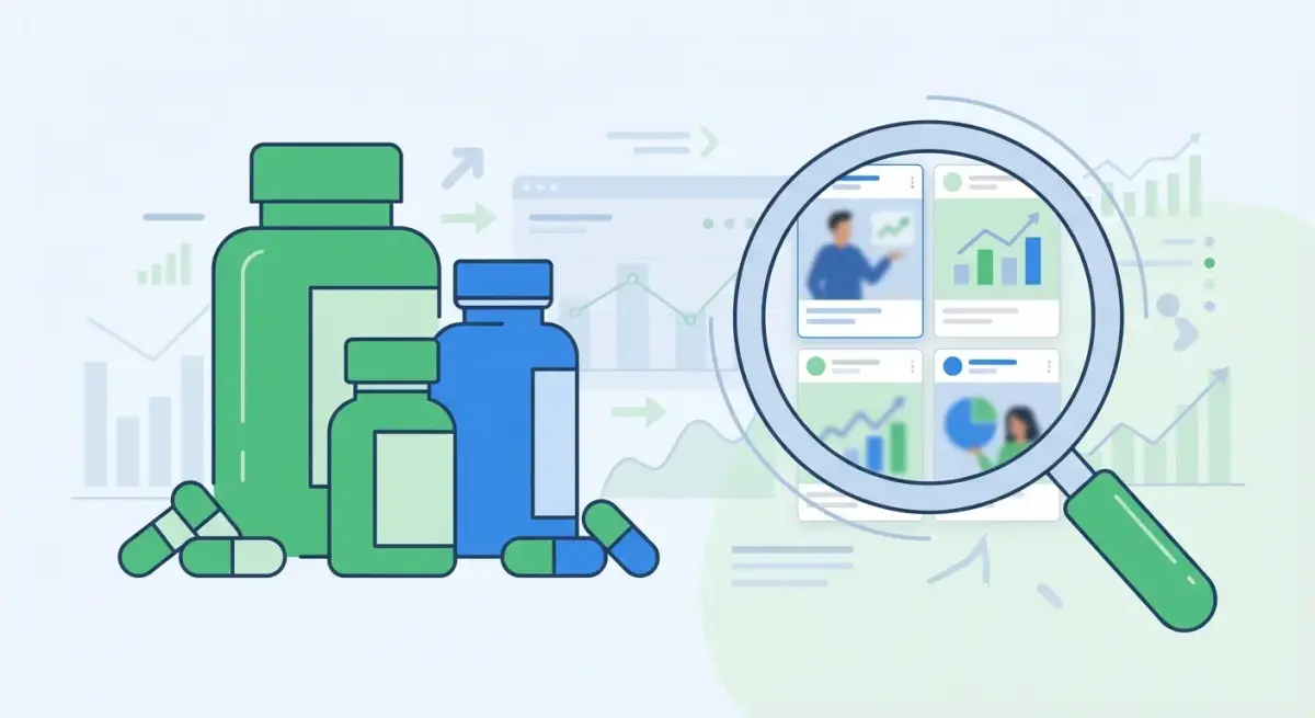 Spy tool dashboard showing nutra supplement ad creatives on Facebook with search filters and analytics data