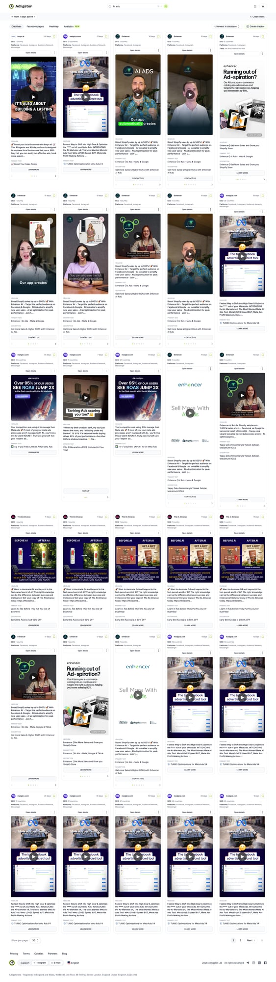 Adligator creative search dashboard showing ad results with filters and sorting options