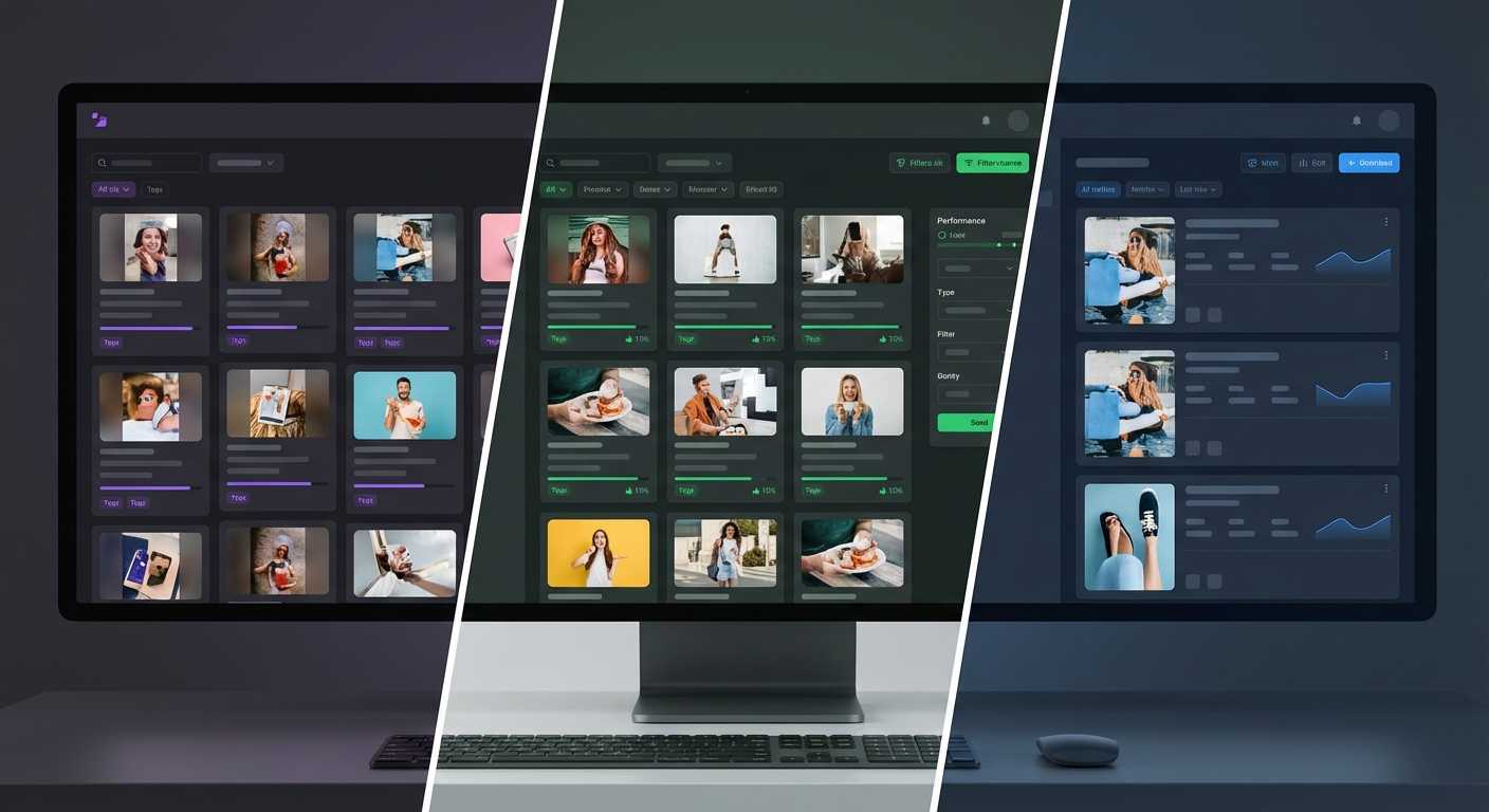 Three ad research tool dashboards compared side by side with different color accents