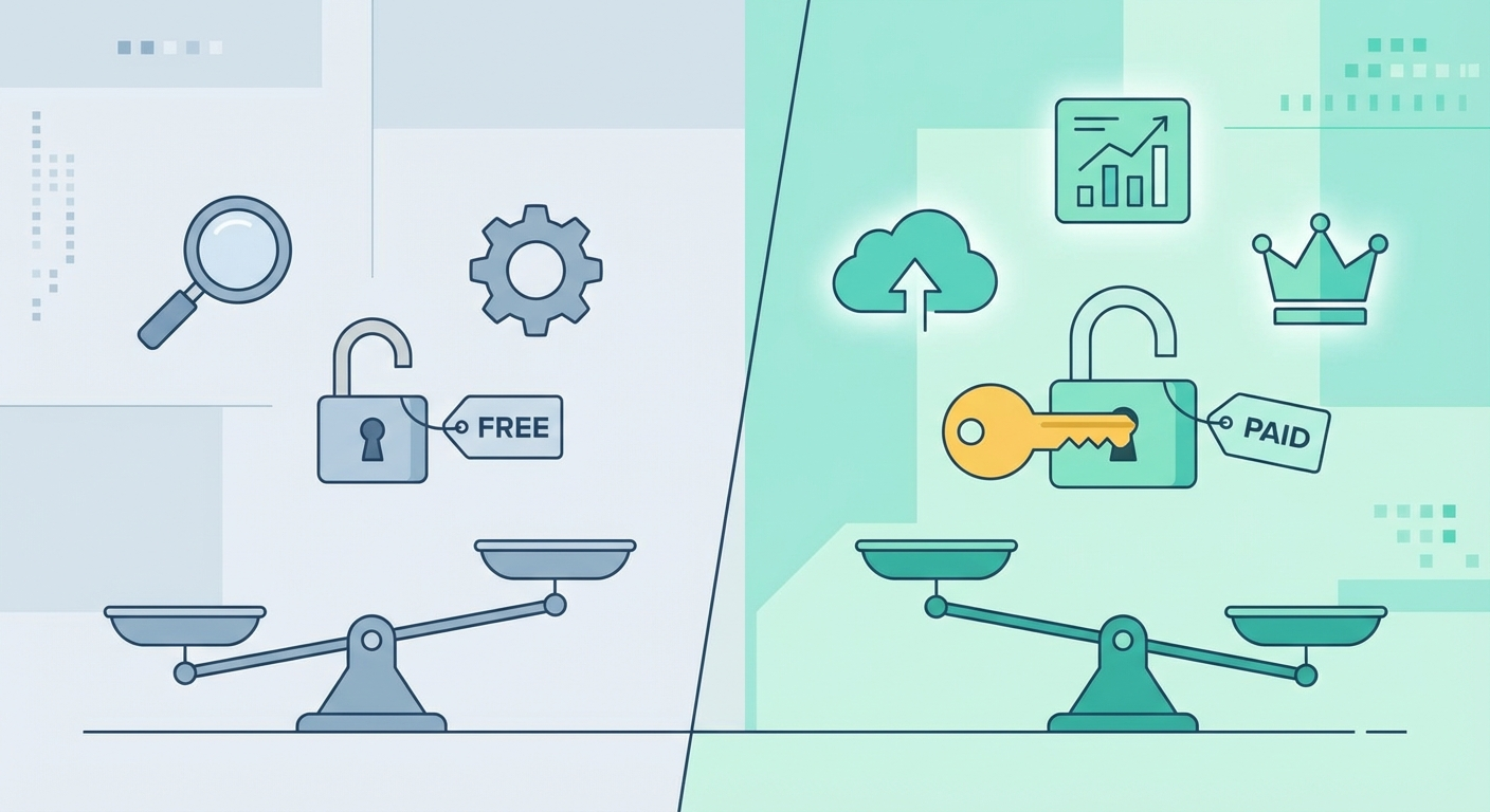 Illustration comparing free versus paid ad spy tool features and pricing