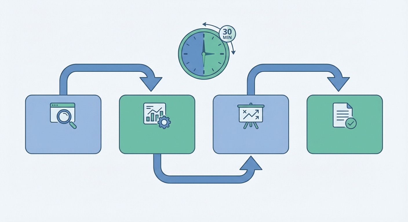 Step-by-step weekly Facebook ad competitor monitoring workflow diagram