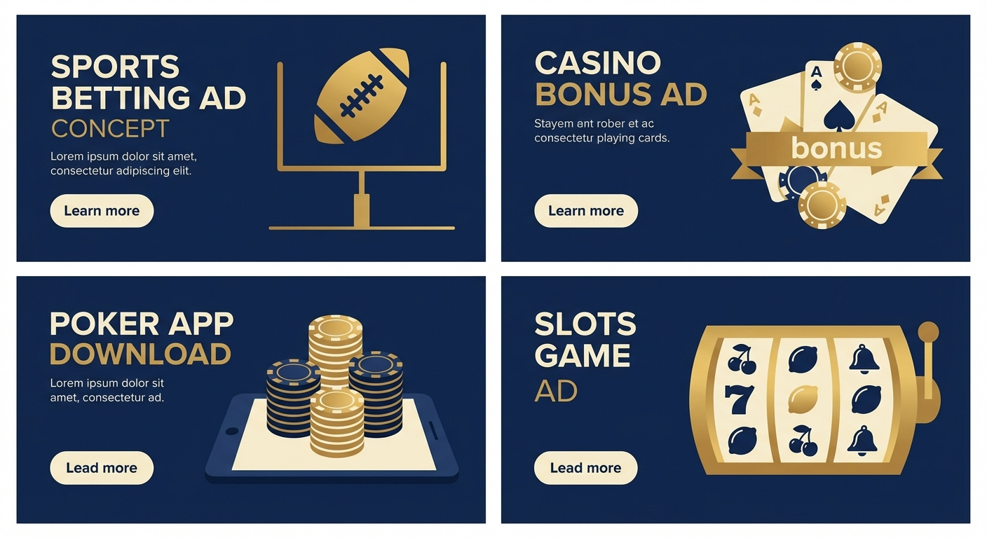 Grid of four common gambling ad creative patterns showing sports betting, casino bonus, poker app, and slots game ad mockups