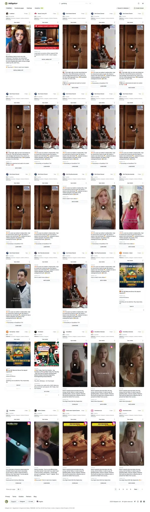 Adligator dashboard showing search results for gambling keyword with ad creatives, platform badges, and engagement data