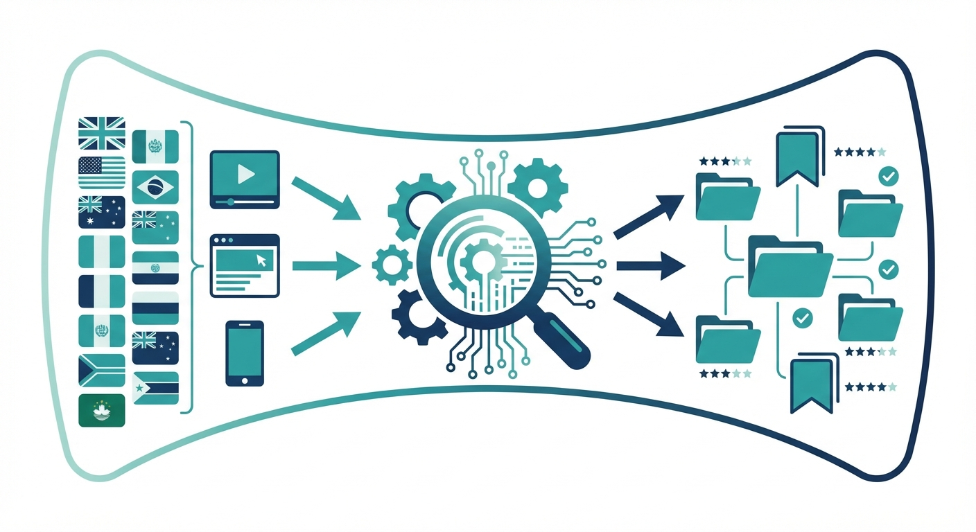 Workflow diagram showing how to build a gambling-specific ad swipe file with search filters flowing into organized collections