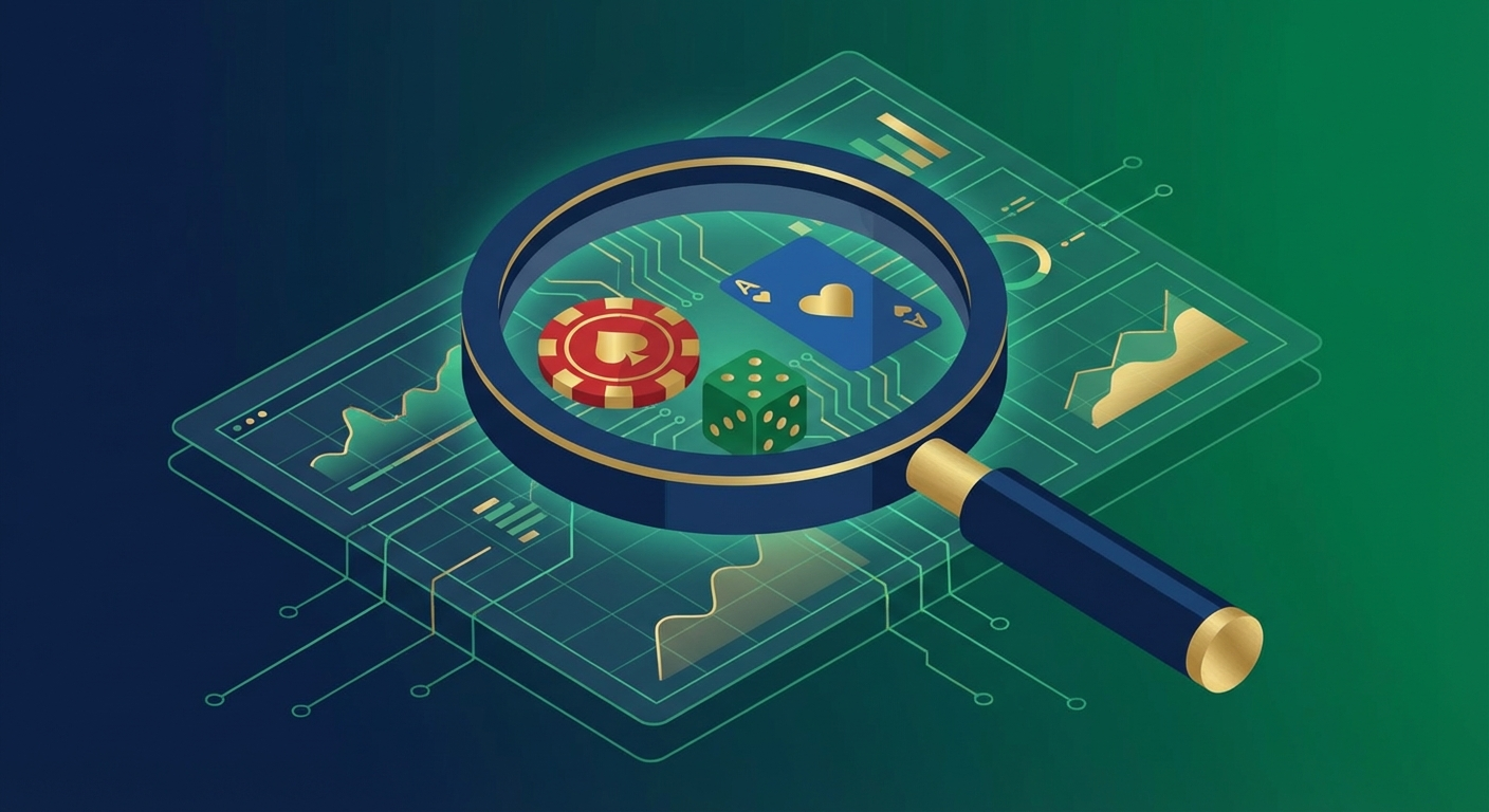 Professional illustration of competitive intelligence in iGaming and gambling advertising featuring a magnifying glass over digital dashboard with poker chips and playing cards