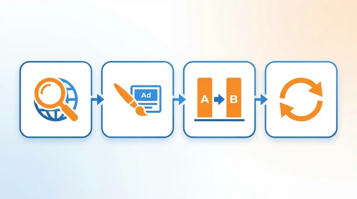 Step-by-step workflow diagram for researching competitor ad creatives by GEO using spy tools and building a localization brief