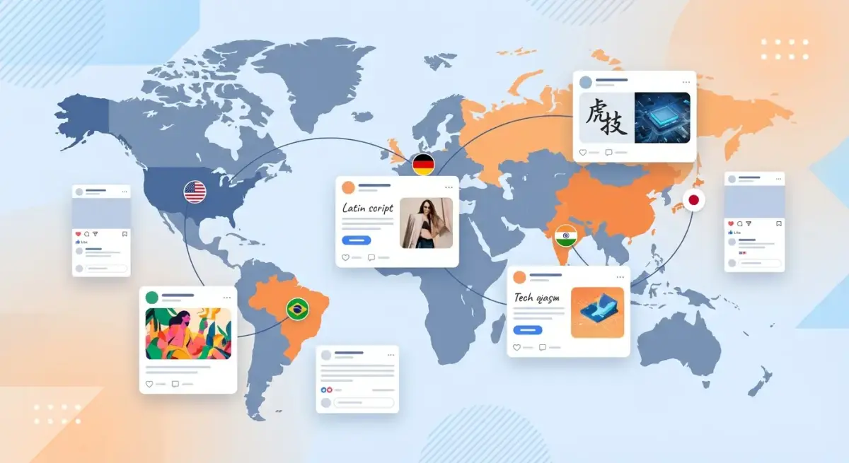 World map with connected ad creative cards showing different languages and visual styles for Facebook ad localization across GEOs