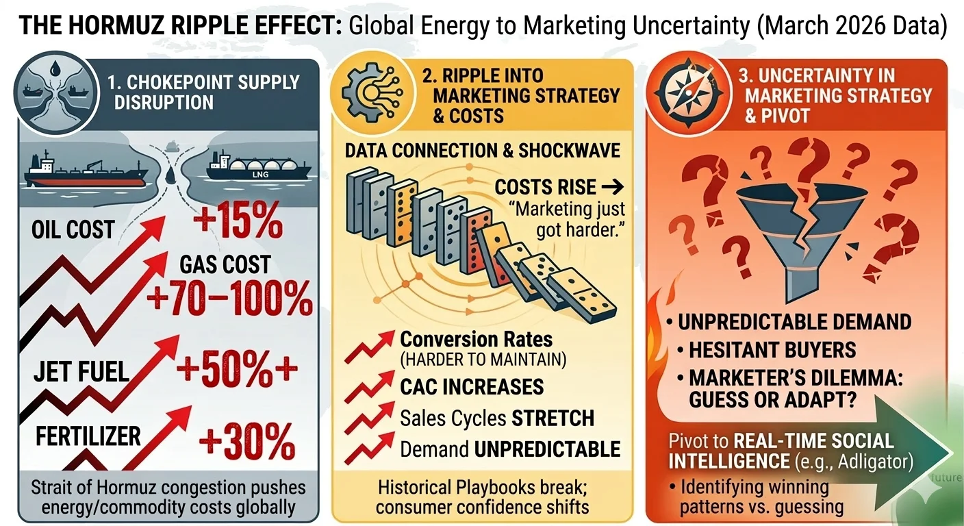 Infographic showing the Hormuz disruption ripple effect on marketing with price surge statistics for oil, gas, jet fuel, and fertilizers