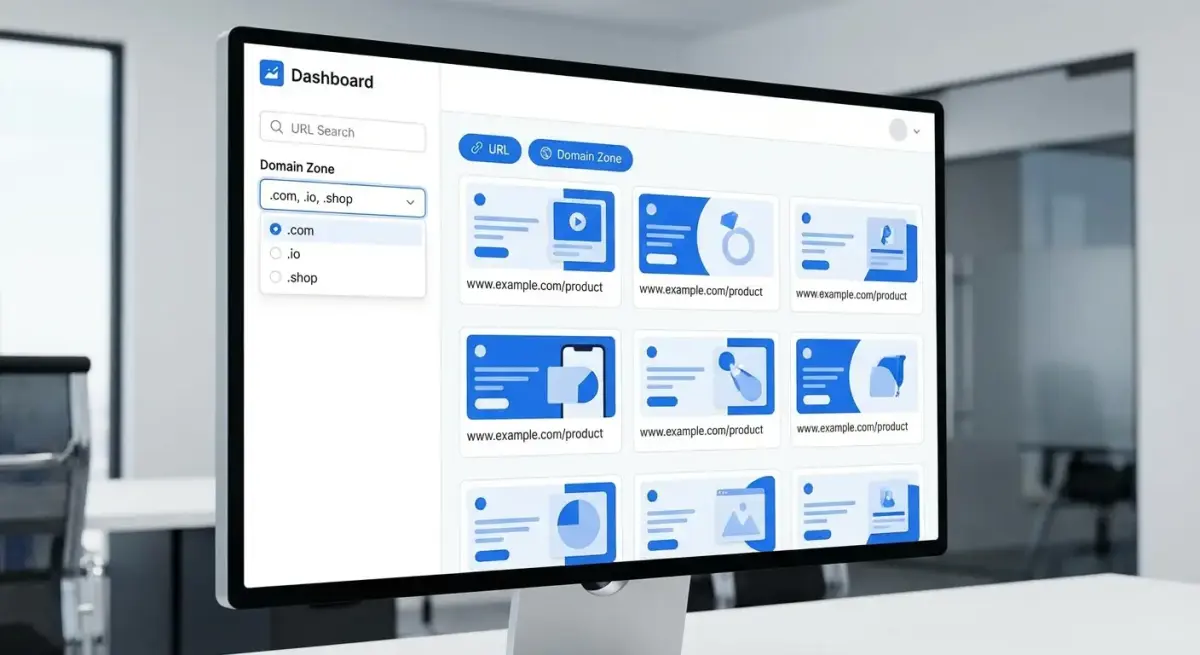 Adligator search interface with URL and domain zone filters highlighted for landing page research