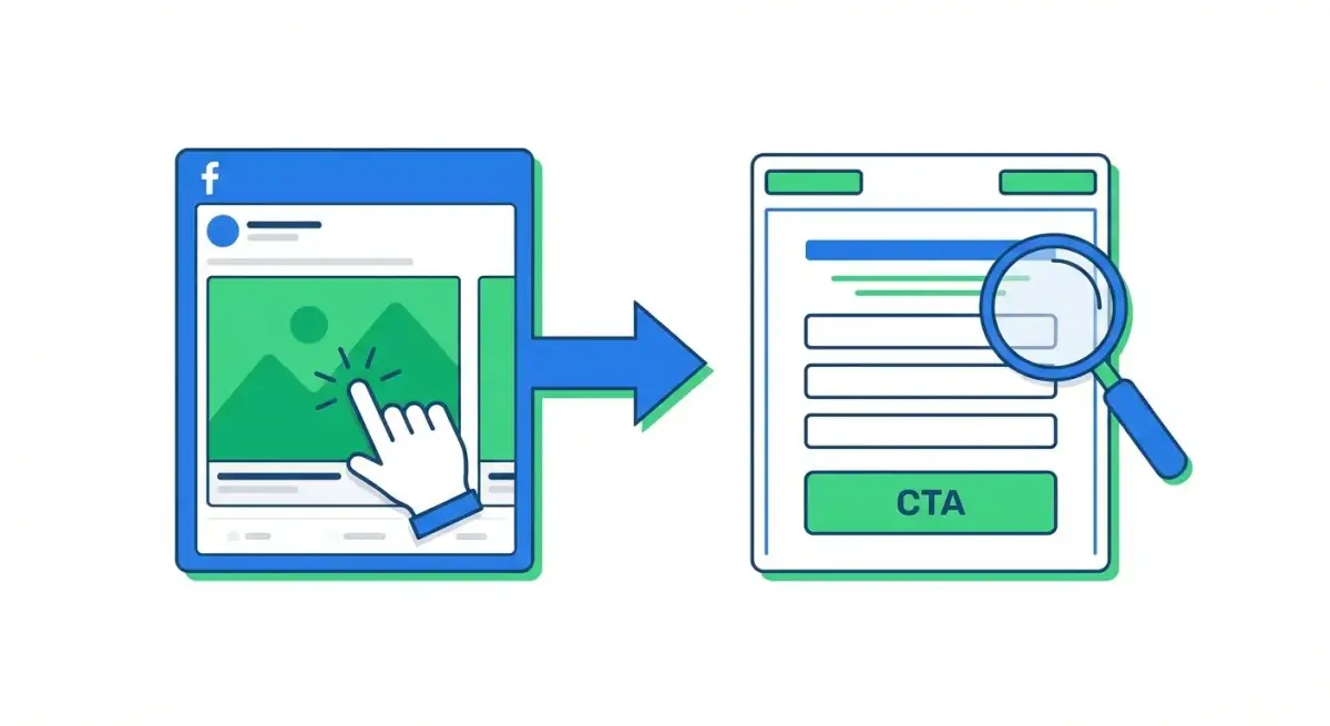 Landing page optimization workflow showing the journey from competitor ad click to conversion analysis