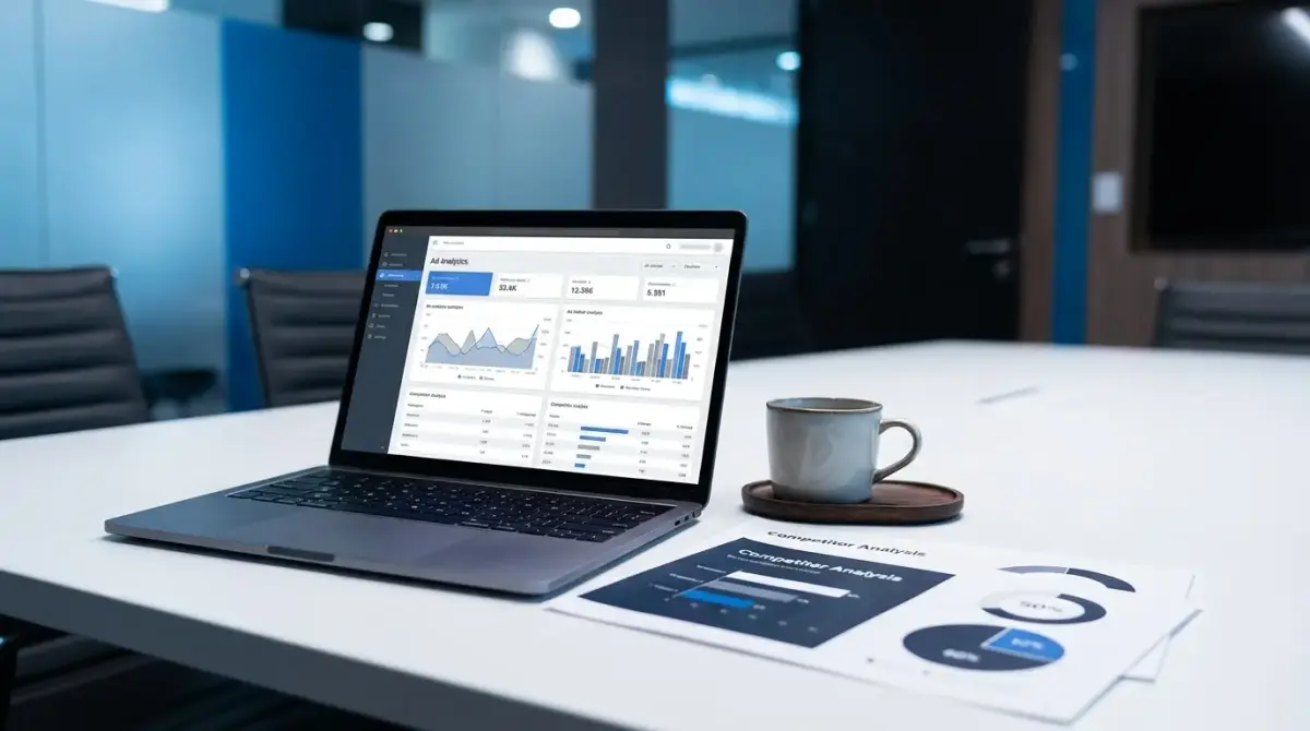 Agency desk with laptop showing ad analytics dashboard and presentation materials for competitive intelligence client pitch