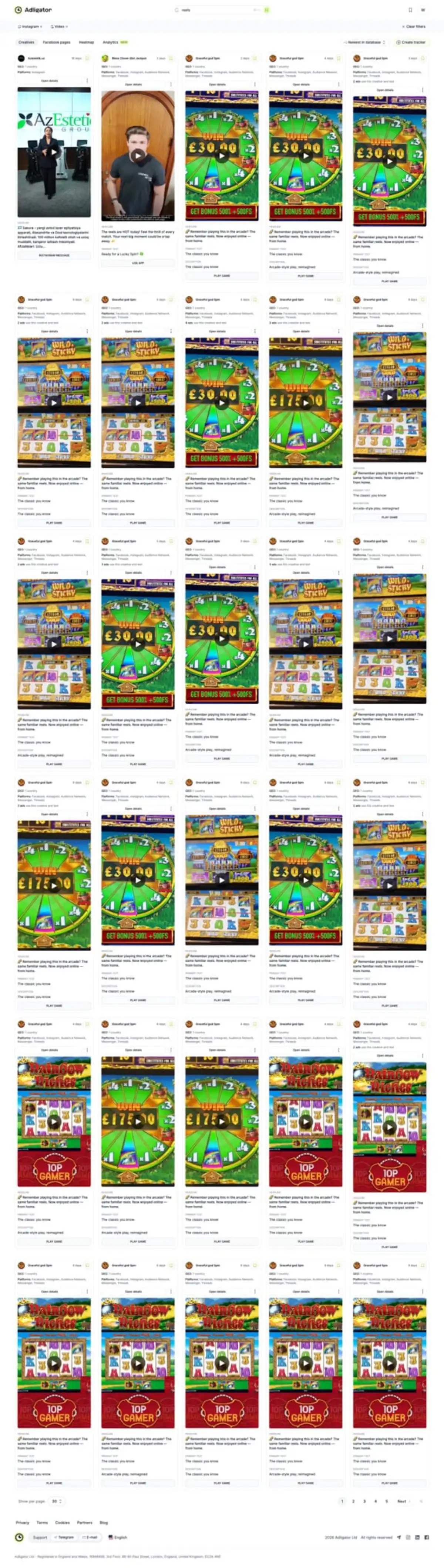 Adligator search results filtered by video format showing competitor Reels ad creatives with duration and engagement data