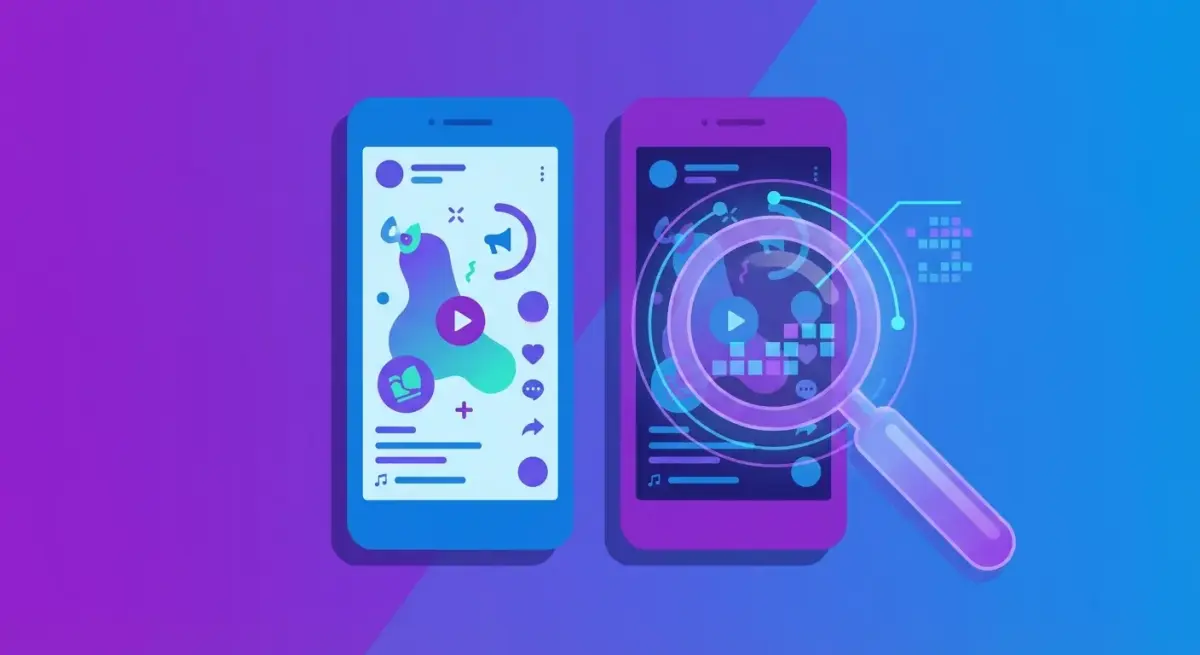 Professional illustration showing Instagram and Facebook Reels video ads being analyzed with magnifying glass and data overlays in blue and purple tones