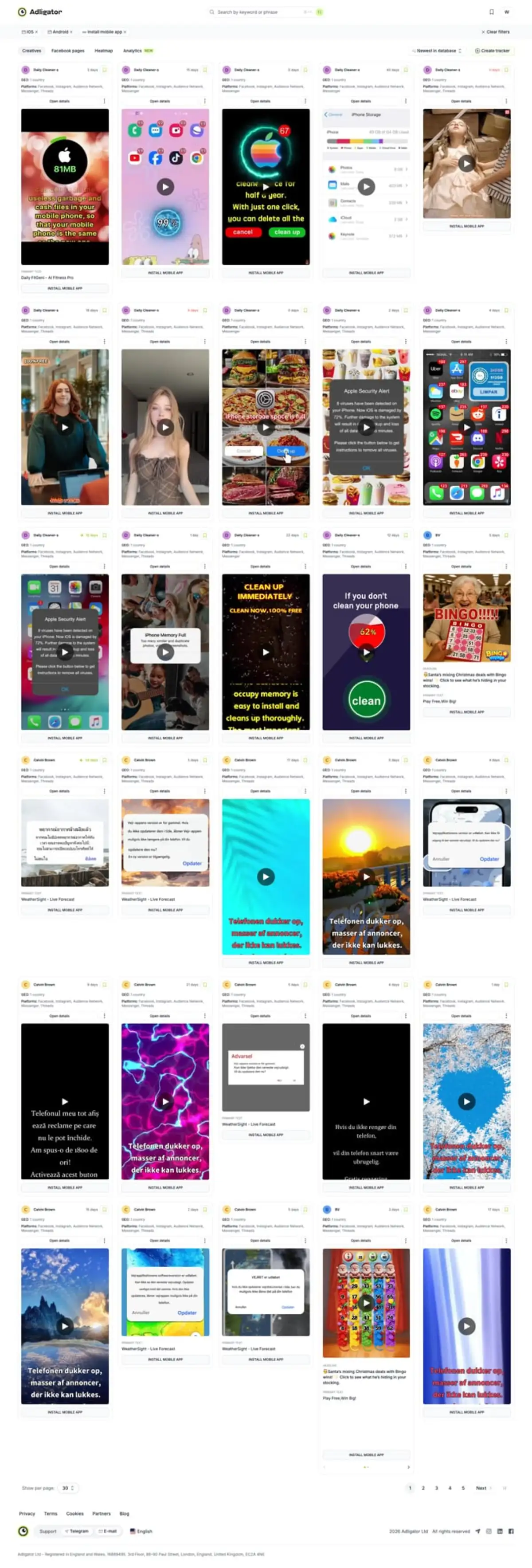 Adligator search interface with OS filter set to iOS and Android and CTA button filter showing Install Now for mobile app ad research
