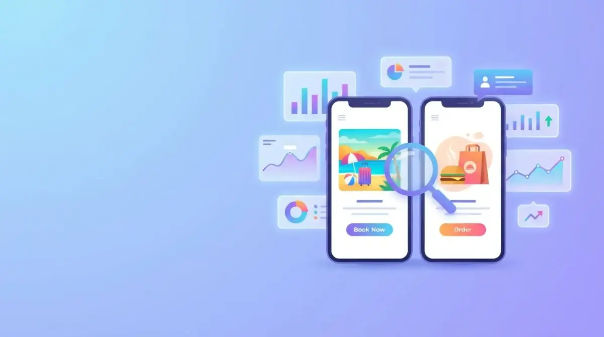 Mobile app advertising research concept showing smartphone screens with ad creatives and competitive analysis data overlays