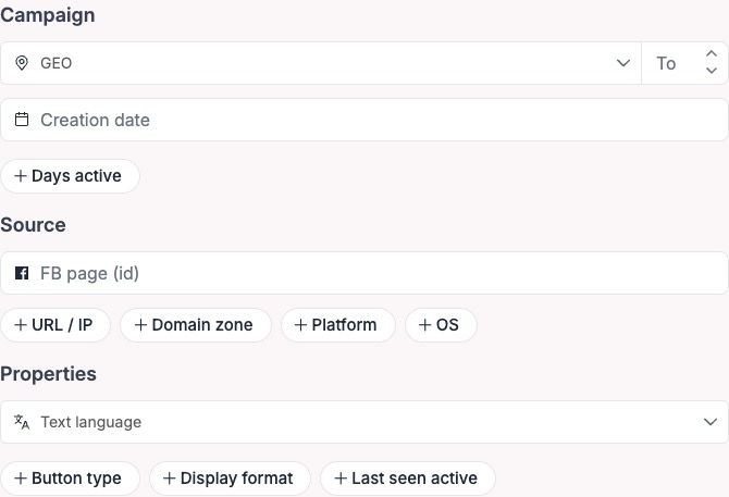 Adligator filter panel open showing Campaign, Source, and Properties filter sections for finding winning Facebook ads