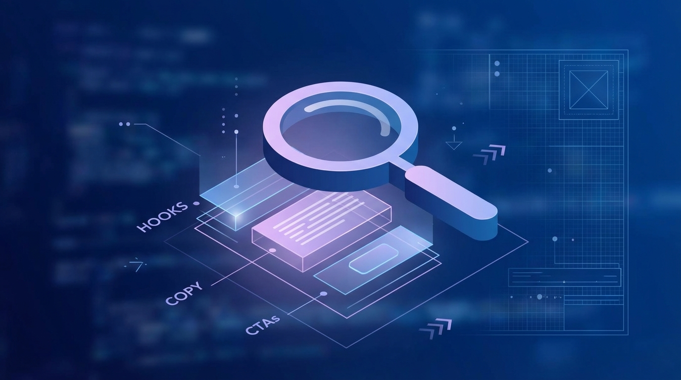 Framework diagram showing the process of analyzing and reverse-engineering winning Facebook ad creatives