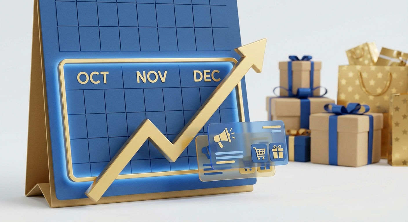 Calendar with Q4 months highlighted alongside ad creative cards and upward trend arrow
