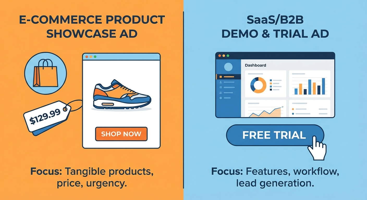 Side-by-side comparison of e-commerce product ad and SaaS demo ad creative styles