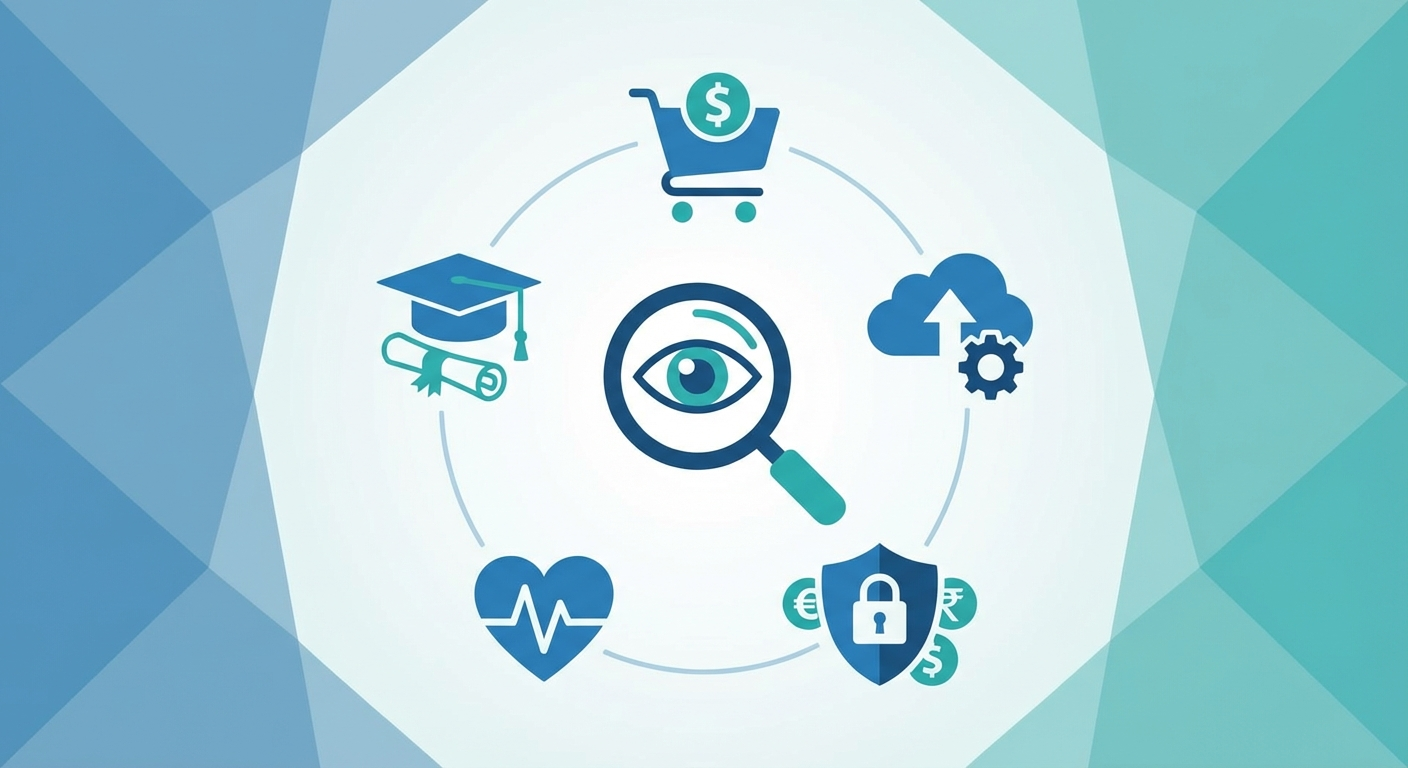 Five industry icons arranged around a central spy magnifying glass representing vertical-specific ad research