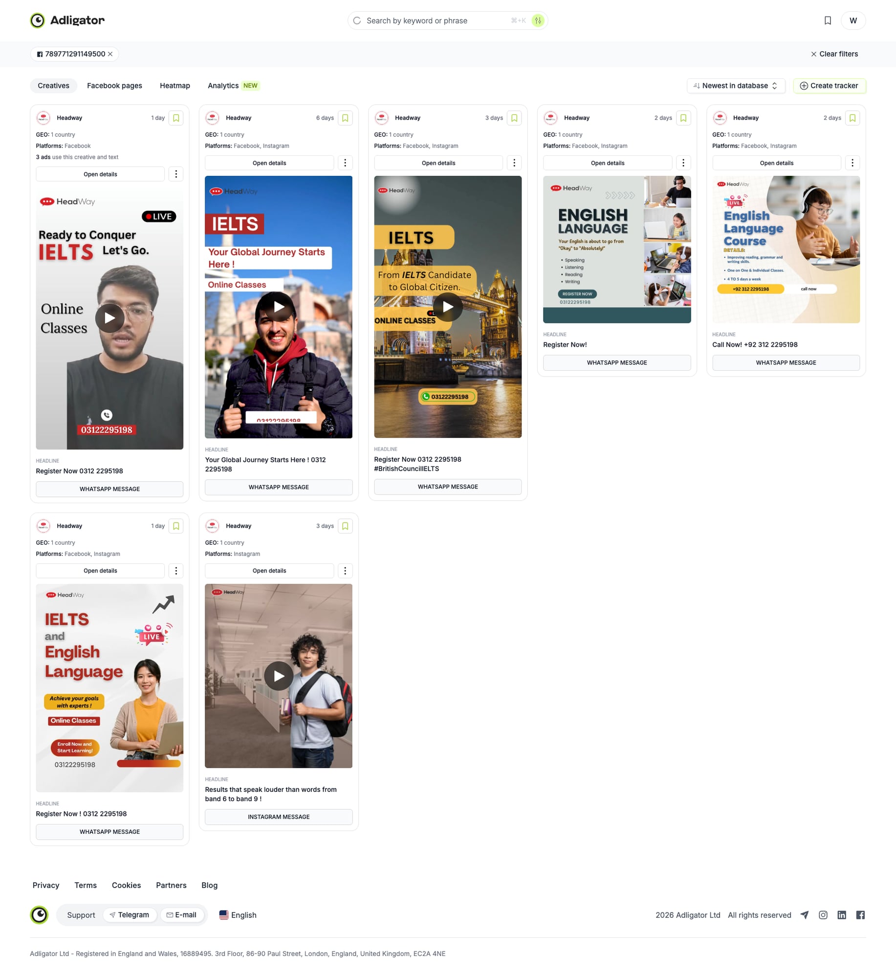 Adligator dashboard filtering competitor ads by creation date to map funnel stages