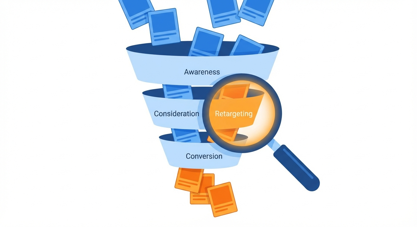 Magnifying glass analyzing retargeting funnel stages with ad creatives flowing through