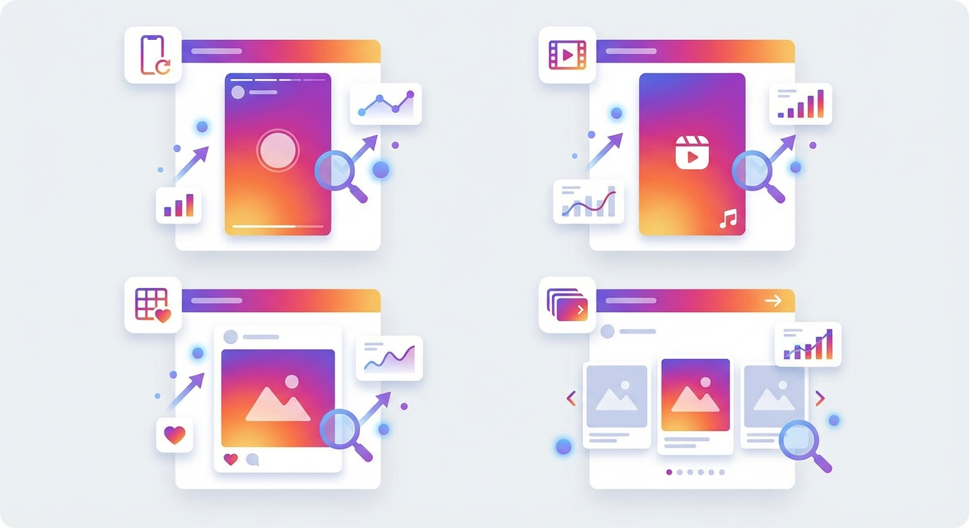 Instagram ad format comparison showing Stories, Reels, feed posts, and carousel formats