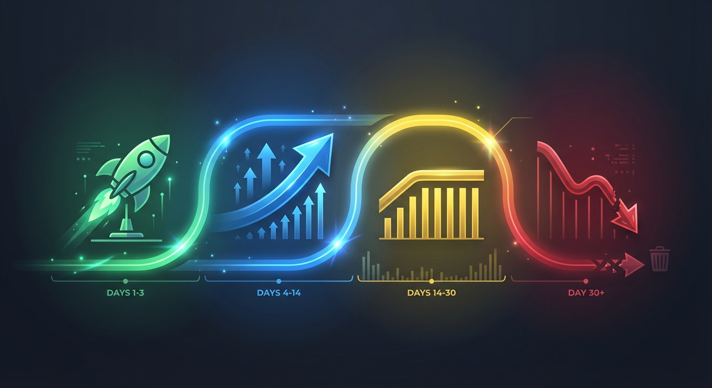 Diagram showing the typical lifecycle phases of a Facebook ad from launch through saturation to retirement