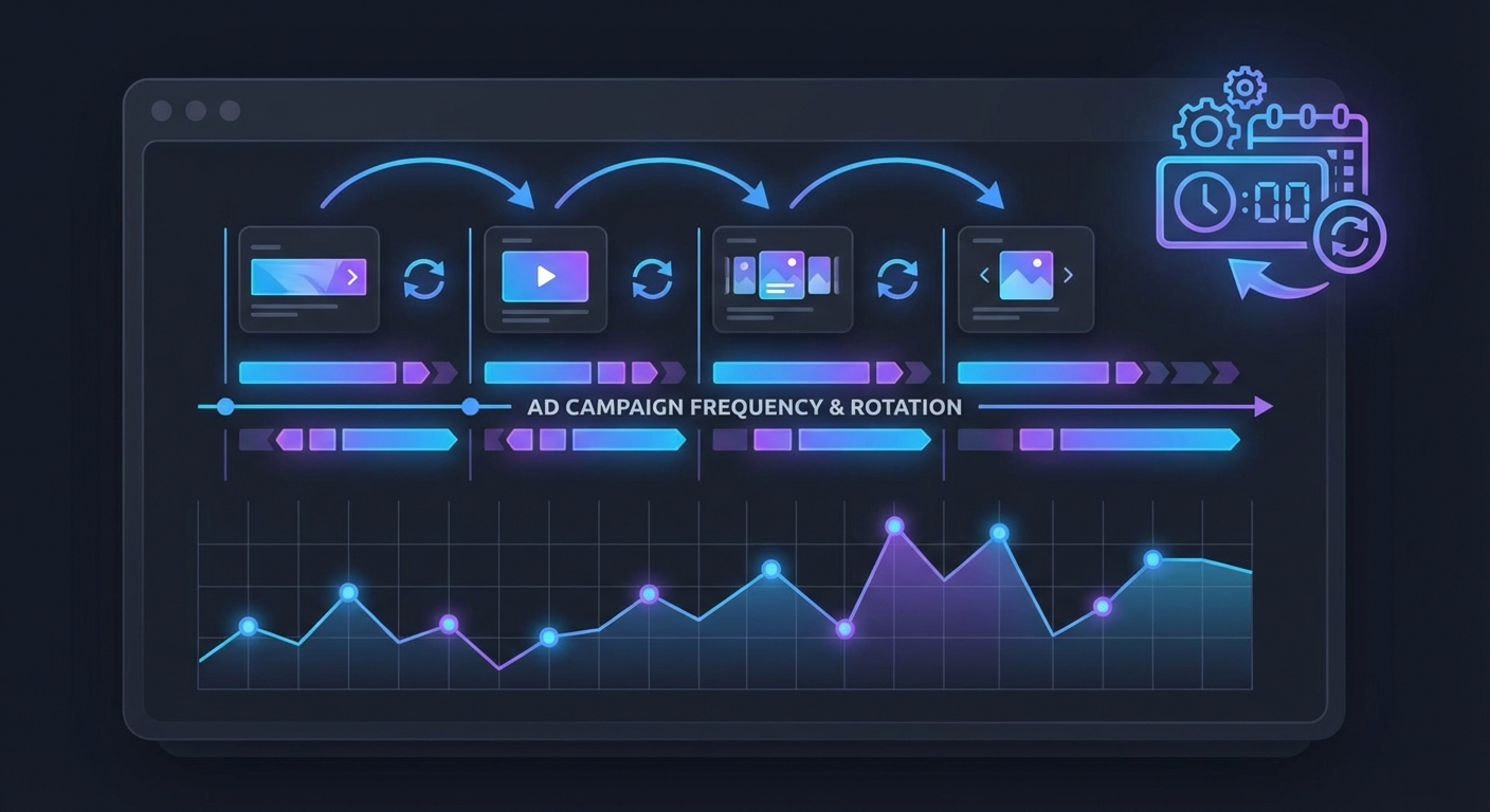 Analytics dashboard showing competitor Facebook ad frequency and creative rotation timeline visualization