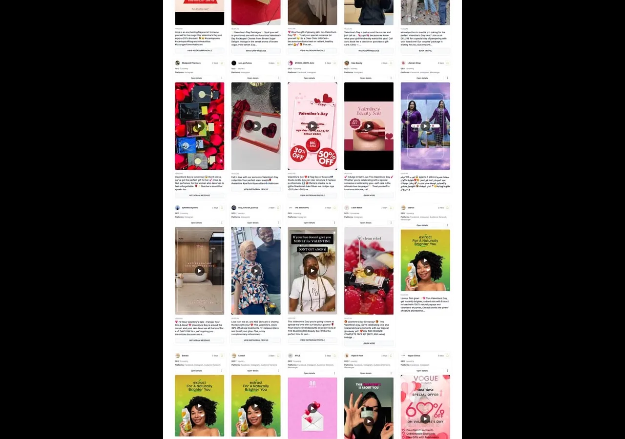 Adligator dashboard showing video ad filter results for skincare UGC research
