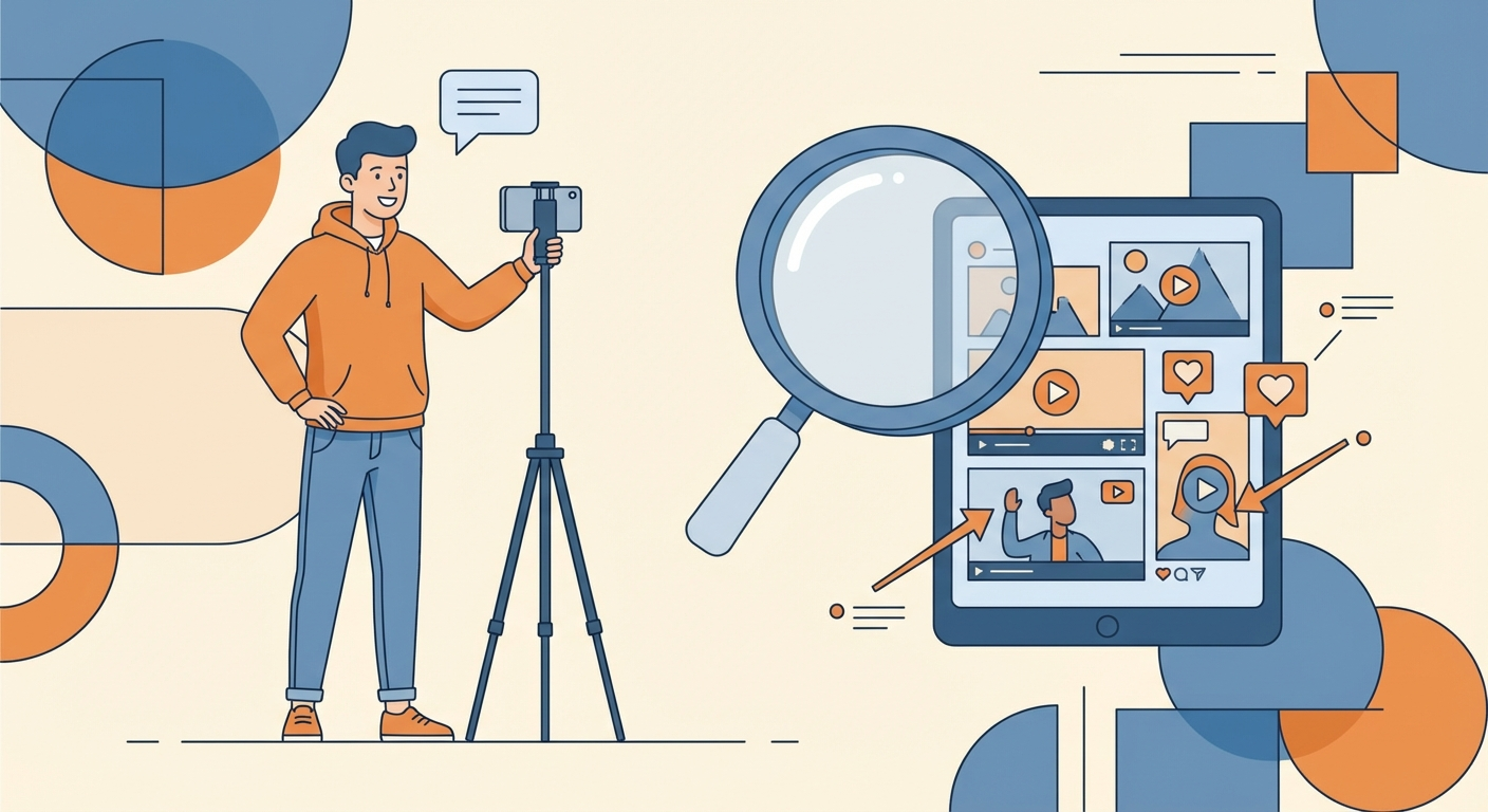 UGC ad creative research illustration showing person filming content for social media advertising