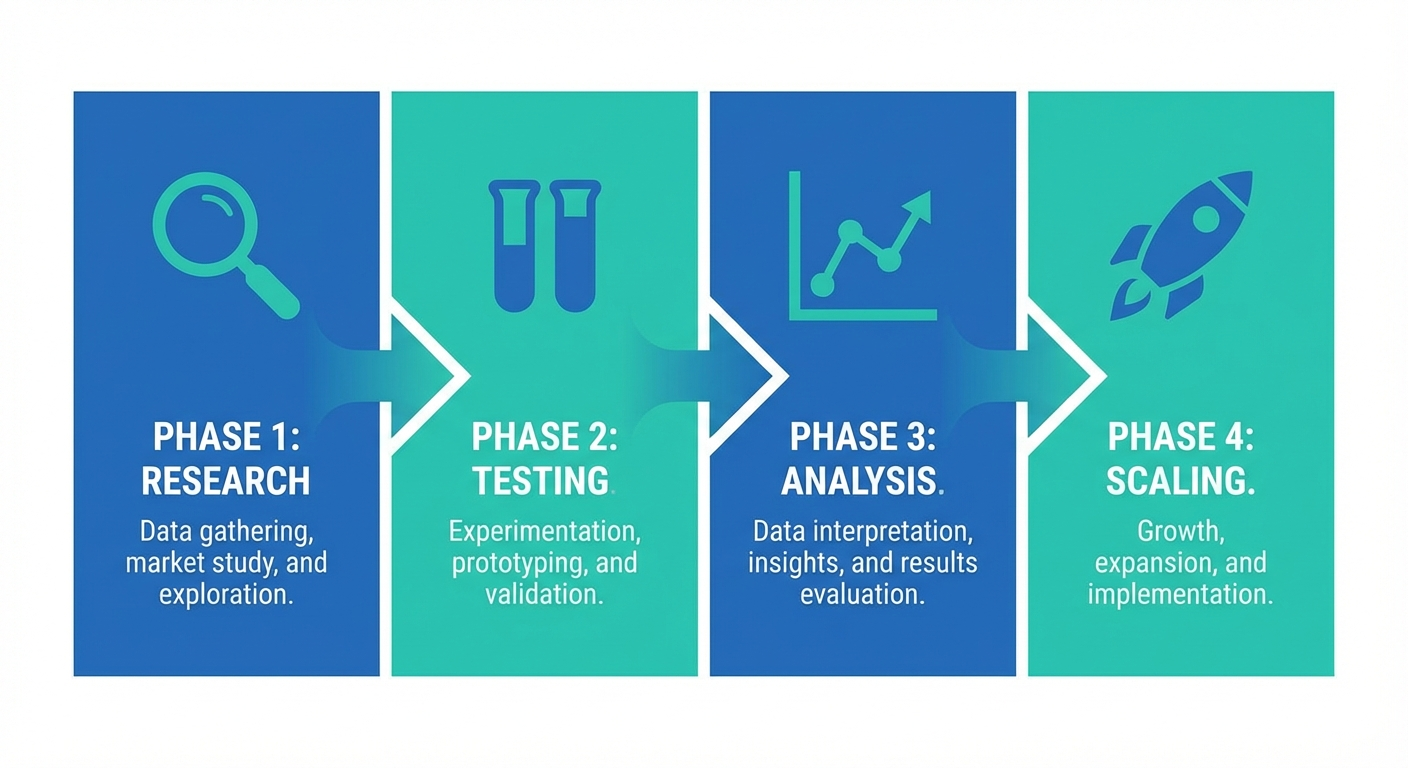 Four-phase pipeline from research to testing to analysis to scaling with connecting arrows