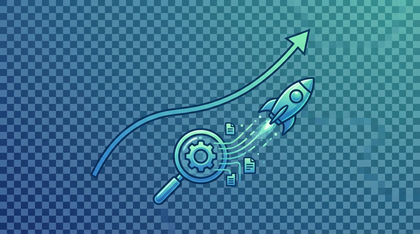 Growth trajectory chart with magnifying glass feeding data into ascending rocket ship
