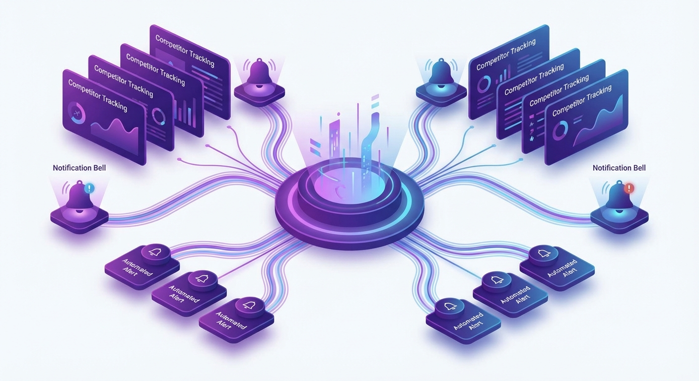 Automated competitor ad monitoring alerts flowing into a central intelligence hub