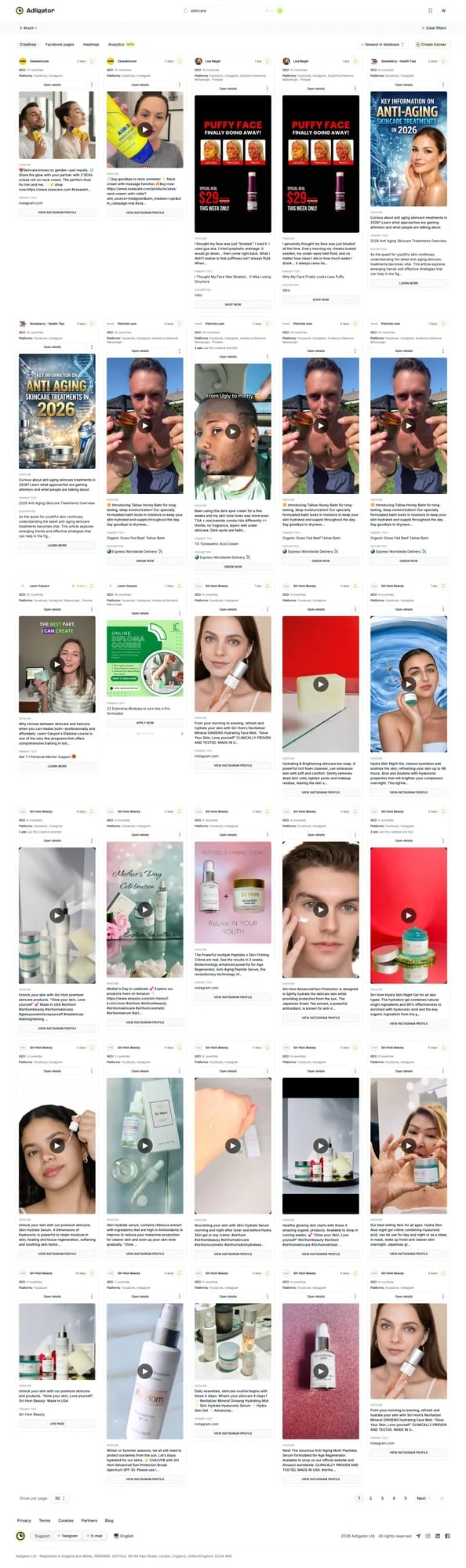 Результаты поиска Adligator, показывающие множество похожих креативов от одного рекламодавця — характерный паттерн AI-генерации